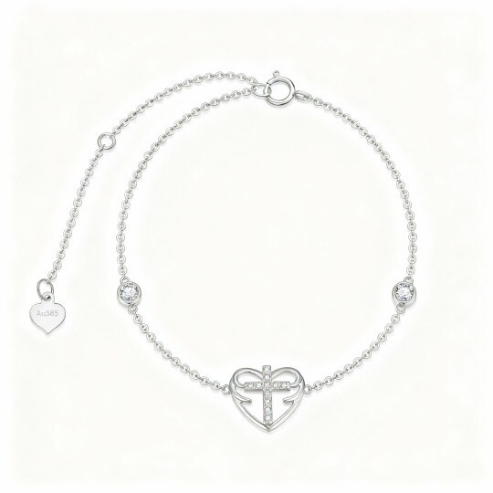 Pulsera de oro blanco de 10 quilates con dije de cruz y corazón de circonita cúbica de corte redondo