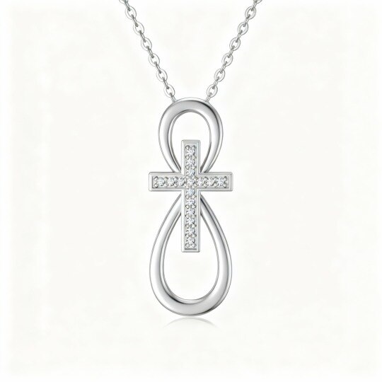 9K White Gold Round Cut Cubic Zirconia Cross & Infinity Symbol Pendant Necklace