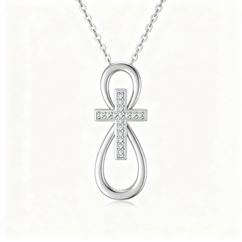 Collar con colgante de cruz y símbolo de infinito en oro blanco de 10 quilates con circonitas cúbicas de talla redonda-1
