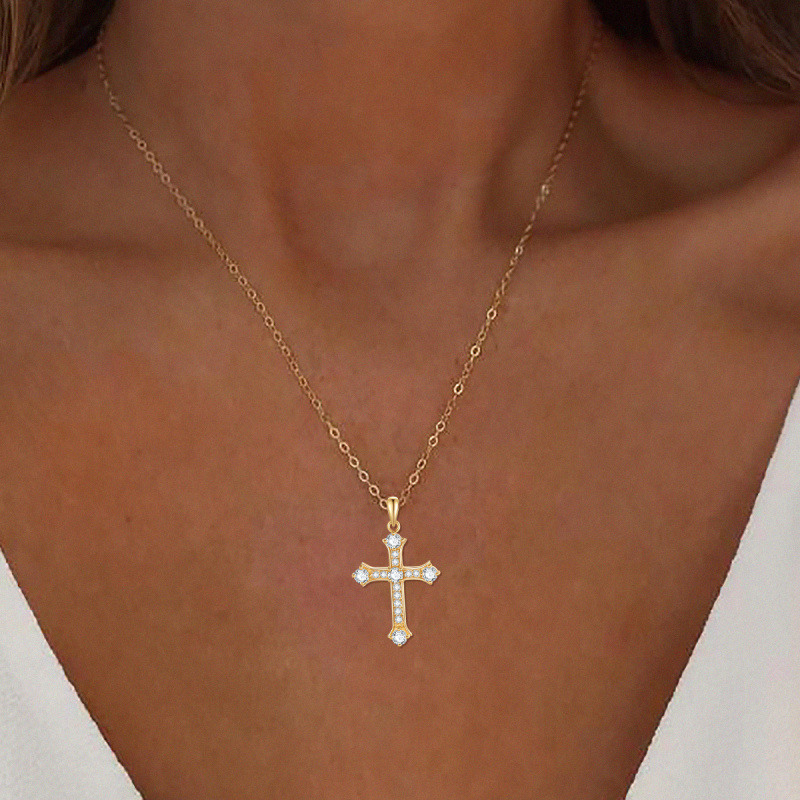 10K Gold Round Cubic Zirconia Cross Pendant Necklace-2