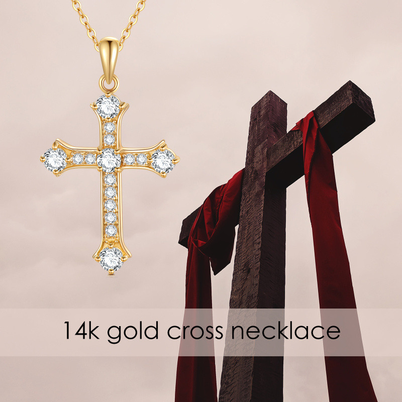 10K Gold Round Cubic Zirconia Cross Pendant Necklace-6