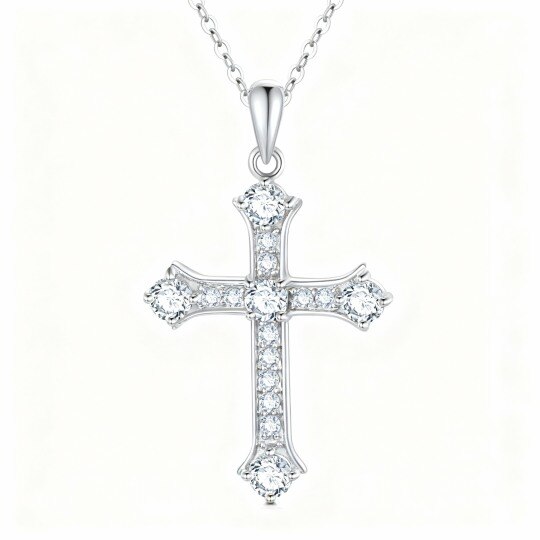 Collar con colgante de cruz de circonita cúbica de corte redondo en oro blanco de 10 quilates