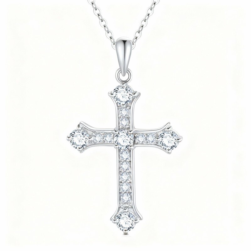 Collier pendentif croix en platine plaqué or blanc avec zircon cubique rond-1