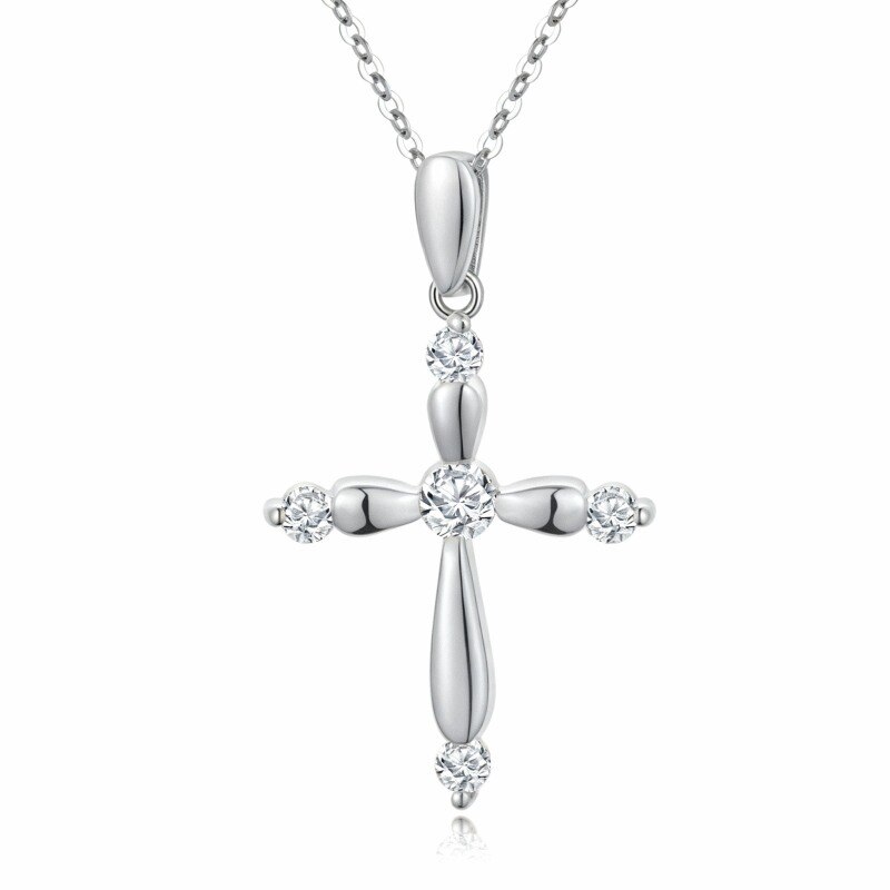 Collar con colgante de cruz de circonita cúbica de corte redondo en oro blanco de 14 quilates-1