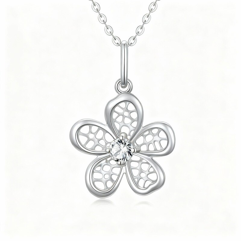 10K White Gold Round Cut Cubic Zirconia Daisy Pendant Necklace-20