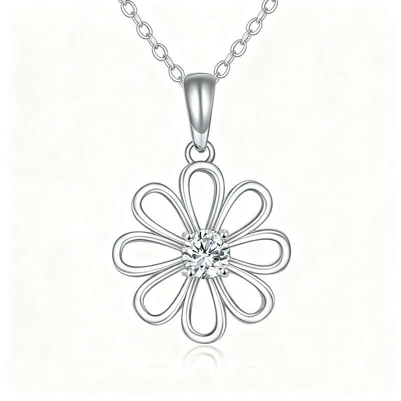 10K White Gold Round Cut Cubic Zirconia Daisy Pendant Necklace-19