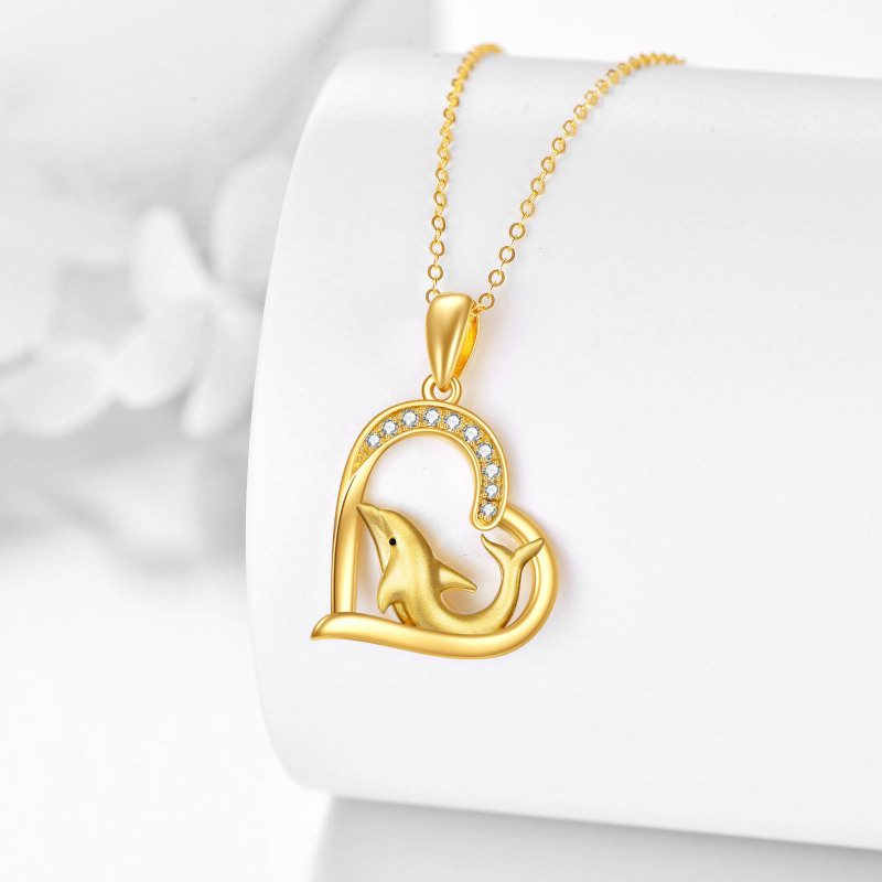 Halskette aus 10-karätigem Gold mit kreisförmigem Anhänger in Delfin- und Herzform aus Zirkonia-3
