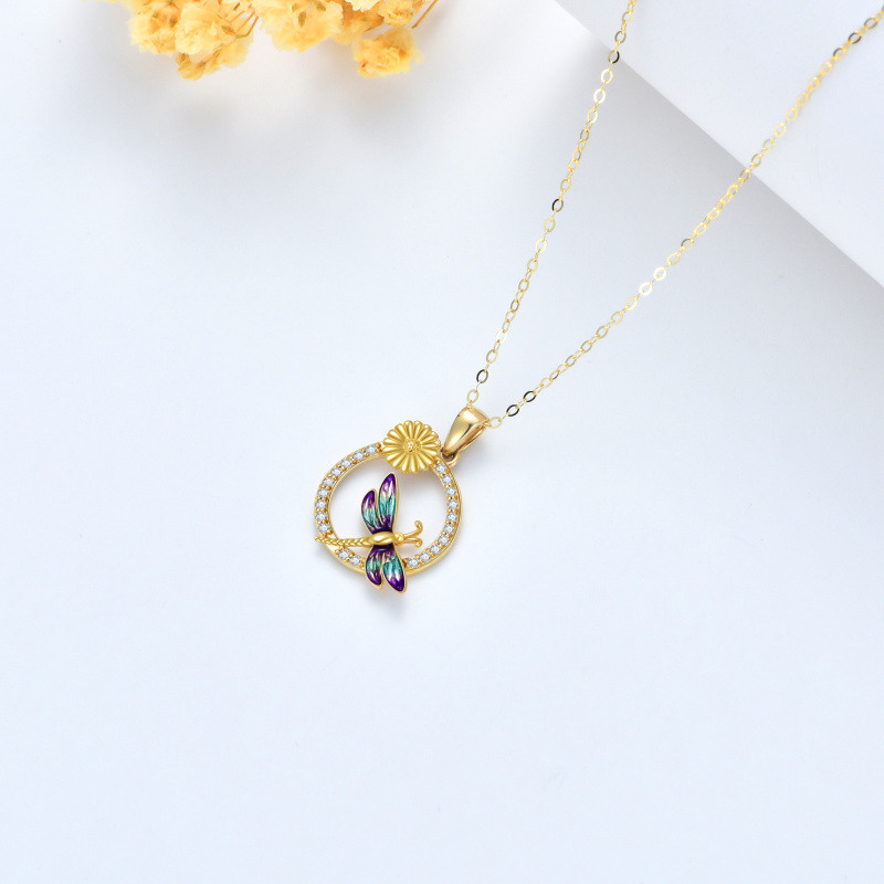 18K Rose Gold Round Cut Cubic Zirconia Dragonfly & Daisy Pendant Necklace-3