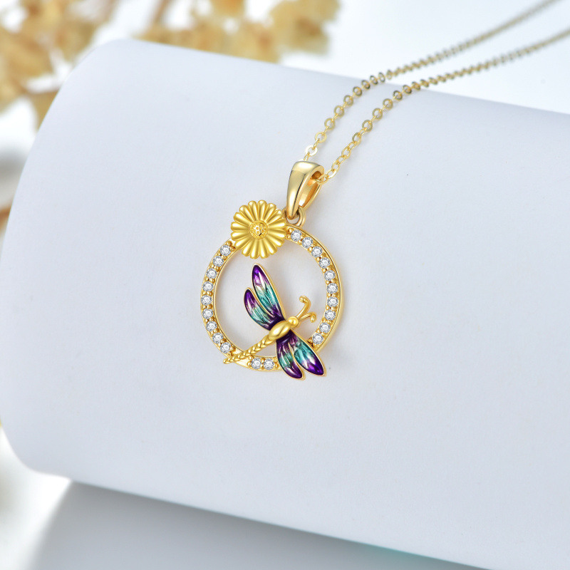 18K Rose Gold Round Cut Cubic Zirconia Dragonfly & Daisy Pendant Necklace-4