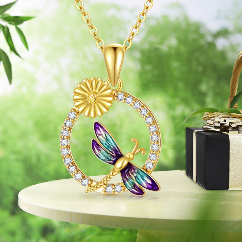 18K Rose Gold Round Cut Cubic Zirconia Dragonfly & Daisy Pendant Necklace-5