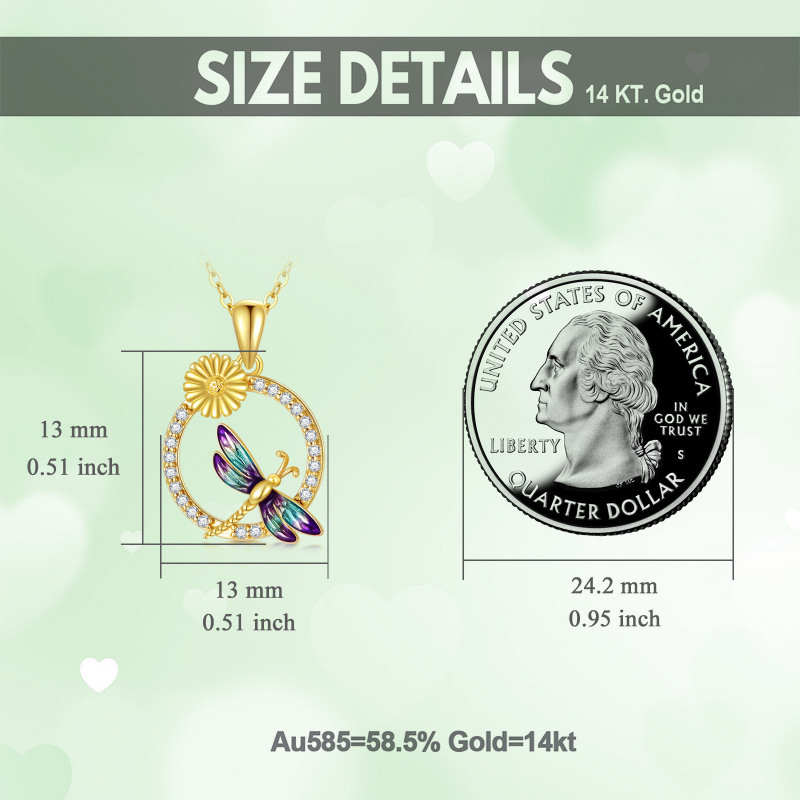 18K Rose Gold Round Cut Cubic Zirconia Dragonfly & Daisy Pendant Necklace-6