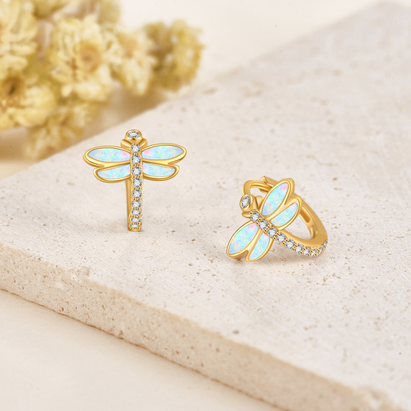 Pendientes de aro circulares de libélula con circonitas cúbicas en oro amarillo de 14 quilates-3