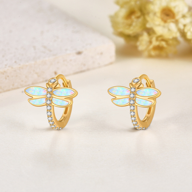 Pendientes de aro circulares de libélula con circonitas cúbicas en oro amarillo de 14 quilates-4