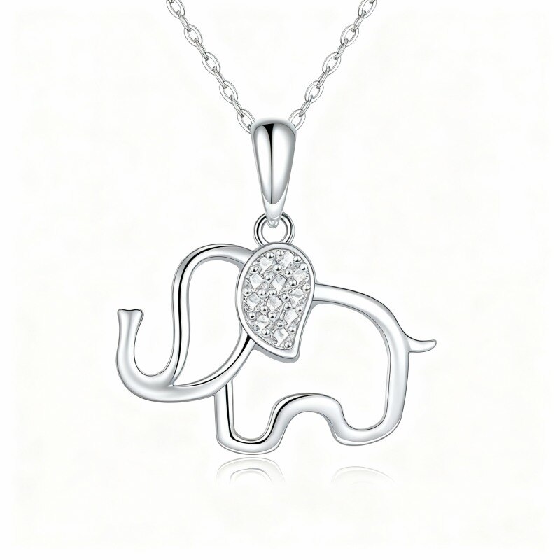 Collier pendentif éléphant en or blanc 10 carats et zircon cubique taille ronde-16