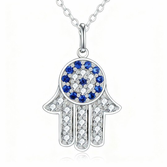 10K White Gold Round Cut Cubic Zirconia Evil Eye & Hamsa Hand Pendant Necklace
