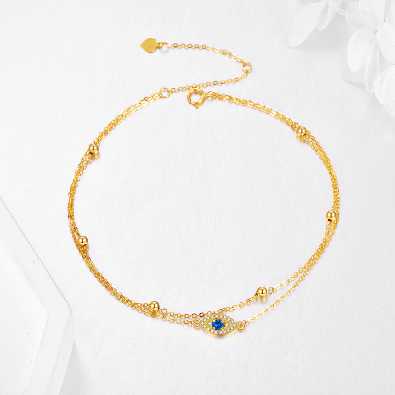 Mehrlagiger Fußkettchen aus 10-karätigem Gelbgold mit kreisförmigem Zirkonia-Stein und Motiv des Bösen Blicks-3
