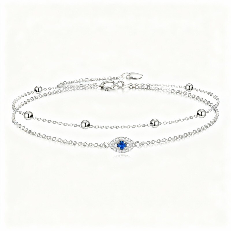 10K White Gold Round Cut Cubic Zirconia Evil Eye Multi-layered Charm Anklet-1