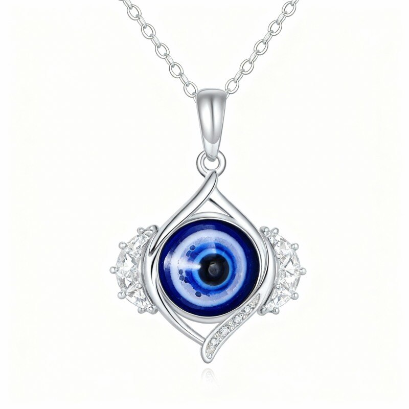 Collar con colgante de ojo turco de circonita cúbica de corte redondo en oro blanco de 10 quilates-20