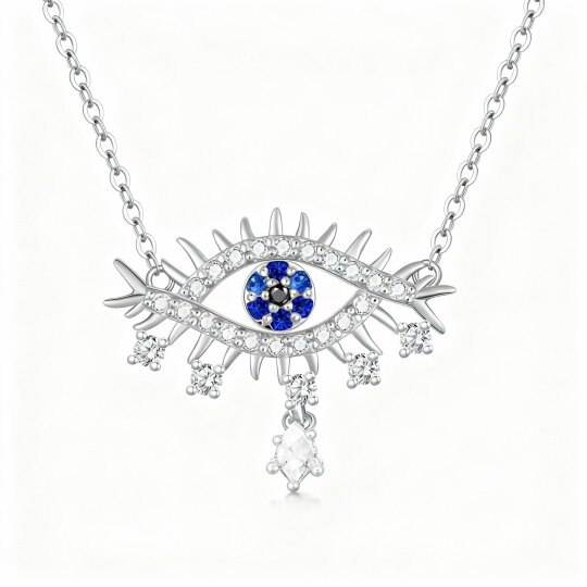 10K White Gold Round Cut Cubic Zirconia Evil Eye Pendant Necklace