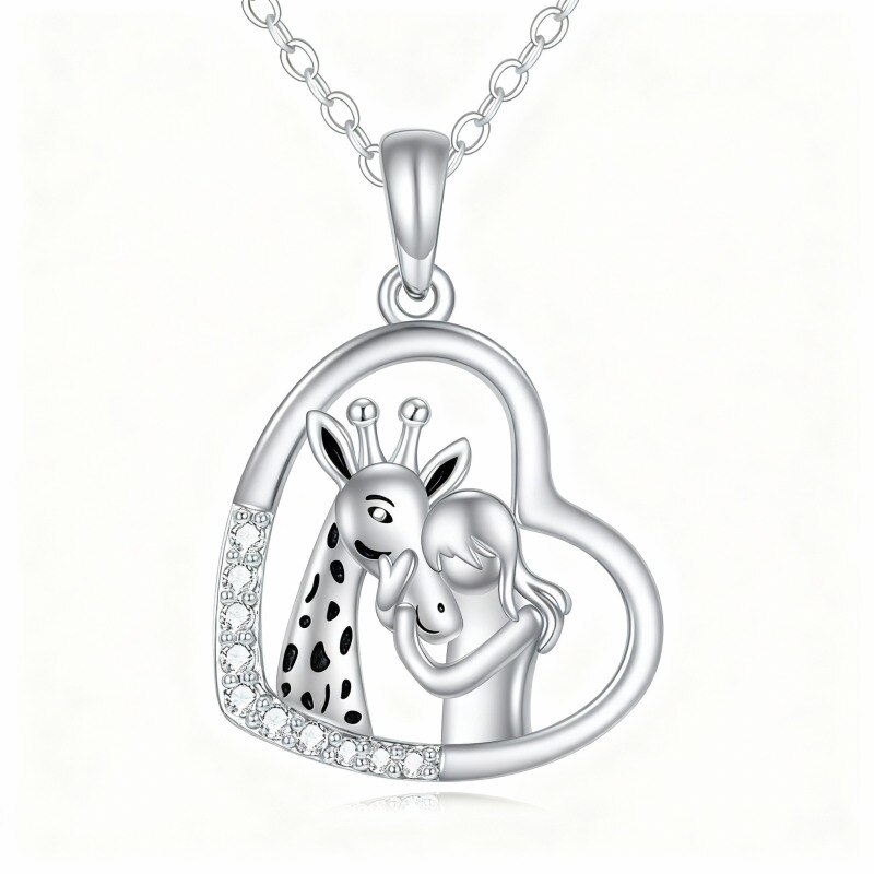Collar con colgante de jirafa y corazón en oro blanco de 10 quilates con circonitas cúbicas de talla redonda-8