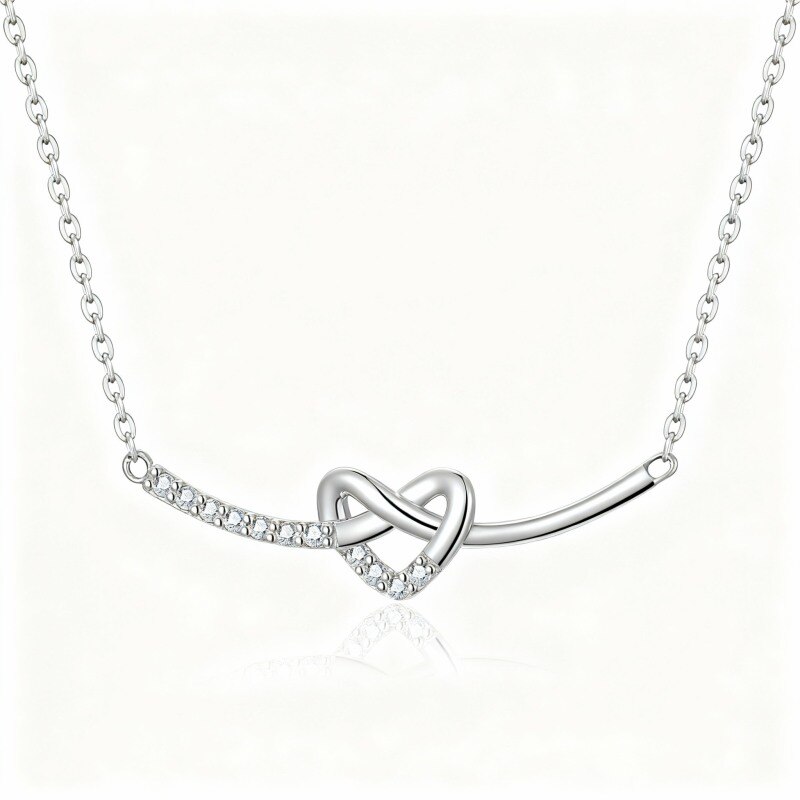 Collar con barra en forma de corazón de circonita cúbica de corte redondo en oro blanco de 18 quilates-1