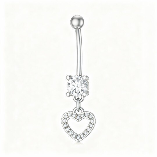 10K White Gold Round Cut Cubic Zirconia Heart Belly Button Ring