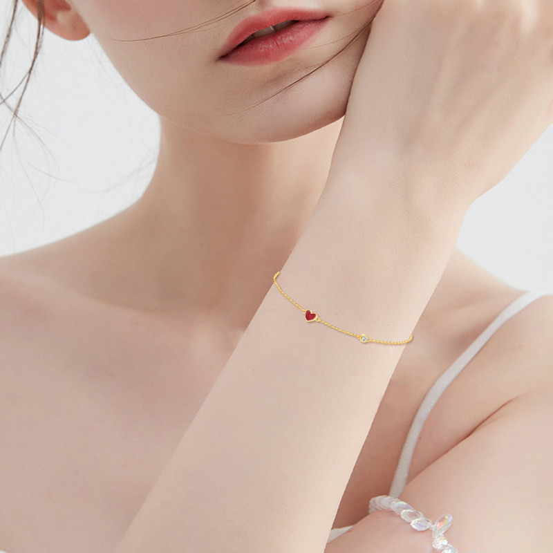 10K Yellow Gold Circular Cubic Zirconia Heart Charm Bracelet-2