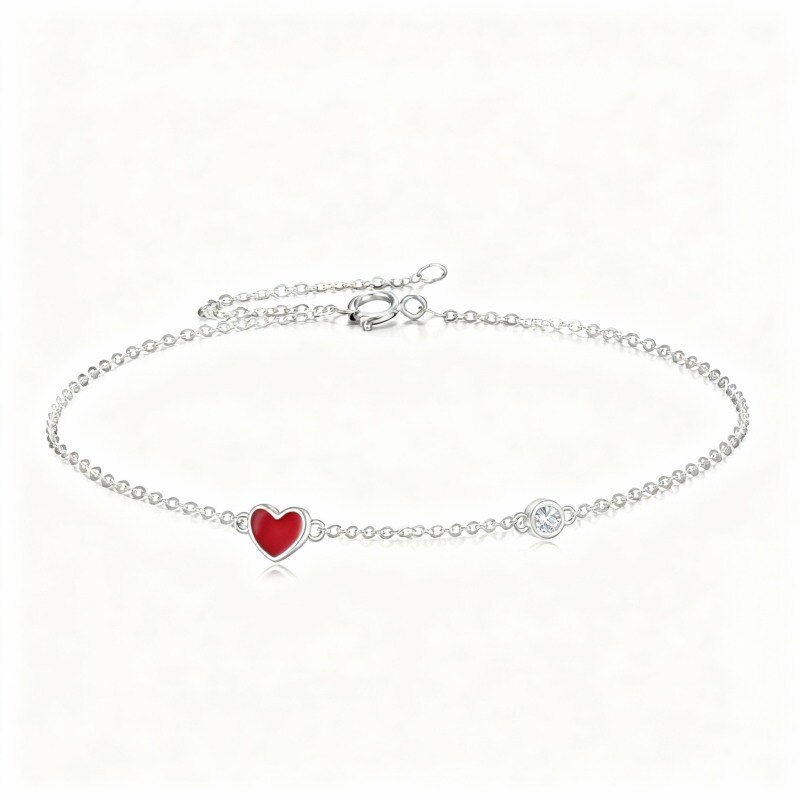 14K White Gold Round Cut Cubic Zirconia Heart Charm Bracelet-1