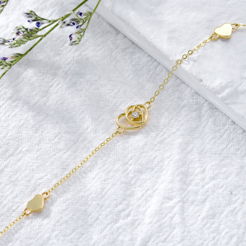 18K Gold Circular Shaped Cubic Zirconia Heart Charm Bracelet-4