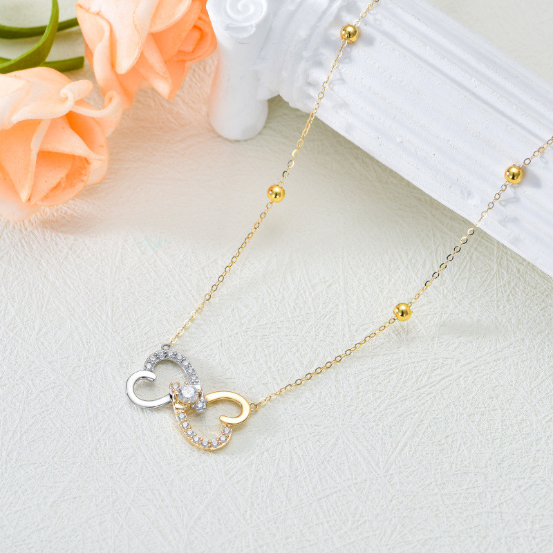 Collar con colgante de corazón circular bicolor de circonita cúbica en oro de 14 quilates para mujer-4