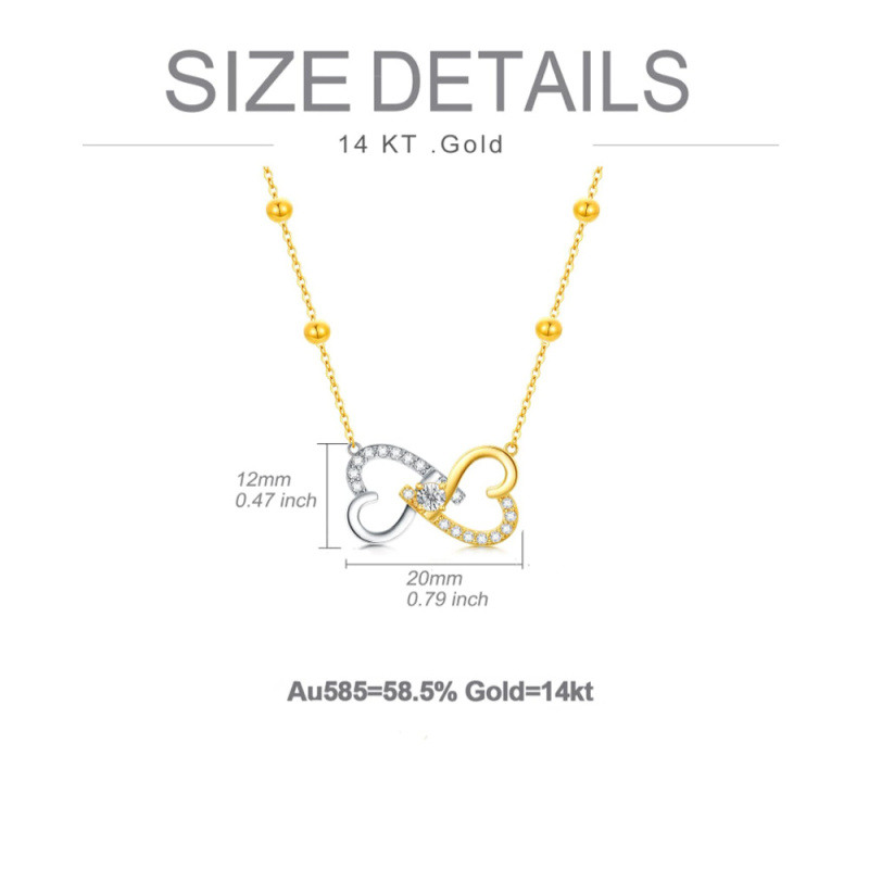 Collar con colgante de corazón circular bicolor de circonita cúbica en oro de 14 quilates para mujer-5