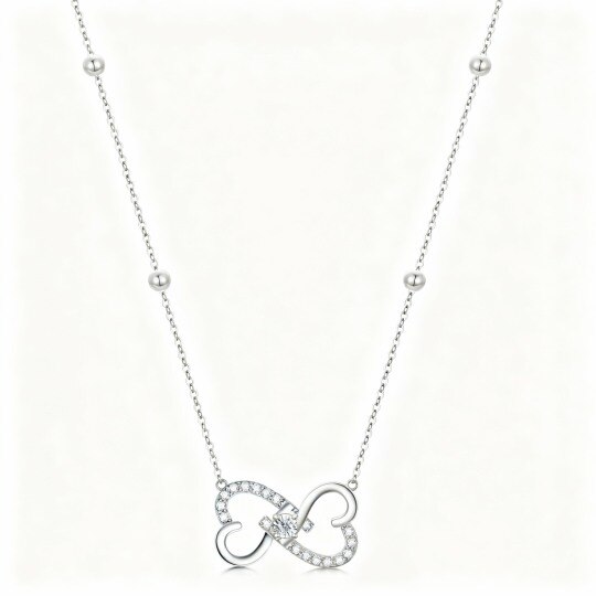10K White Gold Round Cut Cubic Zirconia Heart & Heart With Heart & Infinity Symbol Pendant Necklace