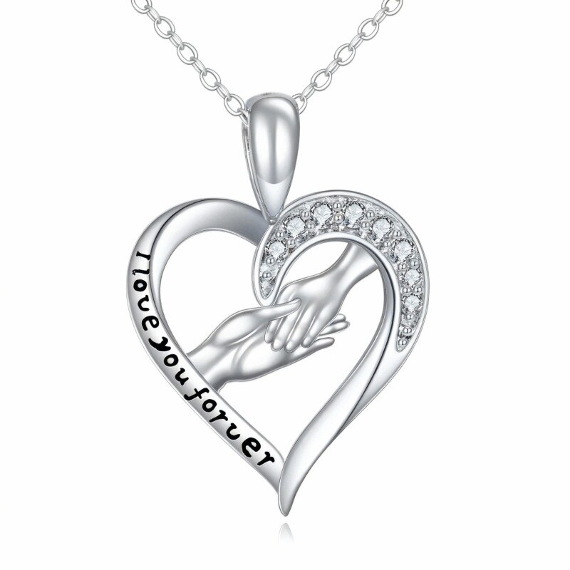 10K White Gold Round Cut Cubic Zirconia Heart & Hold Hands Pendant Necklace with Engraved Word-1
