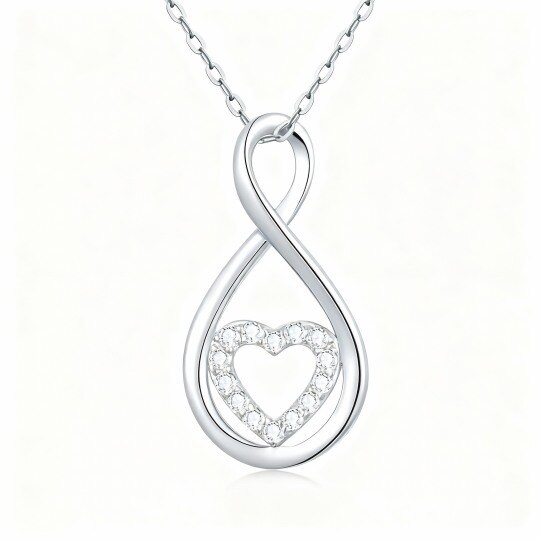10K White Gold Round Cut Cubic Zirconia Heart & Infinity Symbol Pendant Necklace