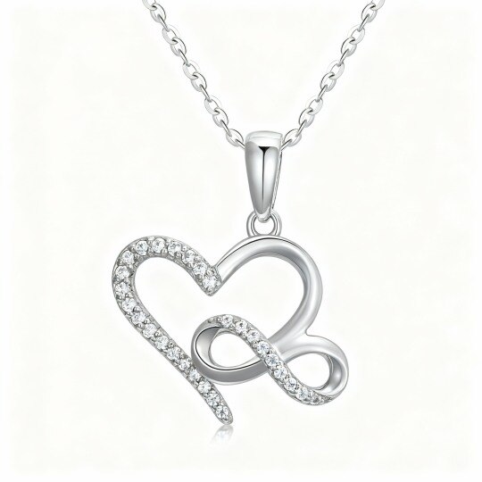 Collier pendentif en or blanc 10 carats avec zircon cubique rond en forme de cœur et symbole de l'infini