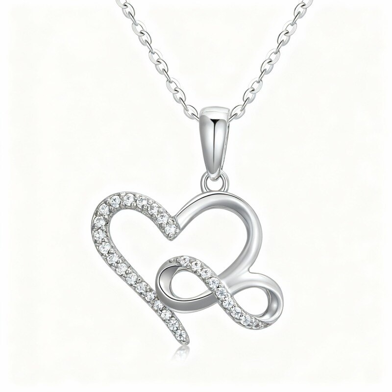 Collar con colgante de corazón y símbolo de infinito en oro blanco de 14 quilates con circonita cúbica de talla redonda-1