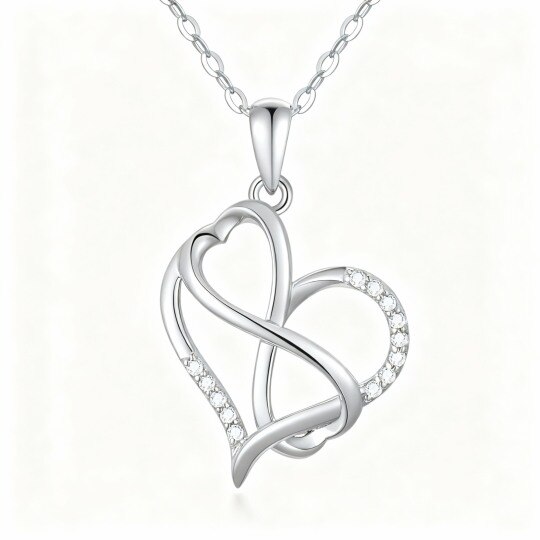 Collier pendentif en or blanc 10 carats avec zircon cubique rond en forme de cœur et symbole de l'infini