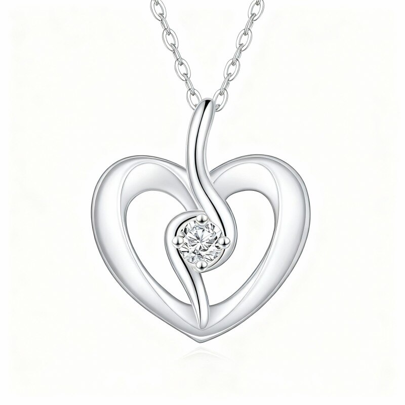 Platinum with White Gold Plated Round Cut Cubic Zirconia Heart Pendant Necklace-1