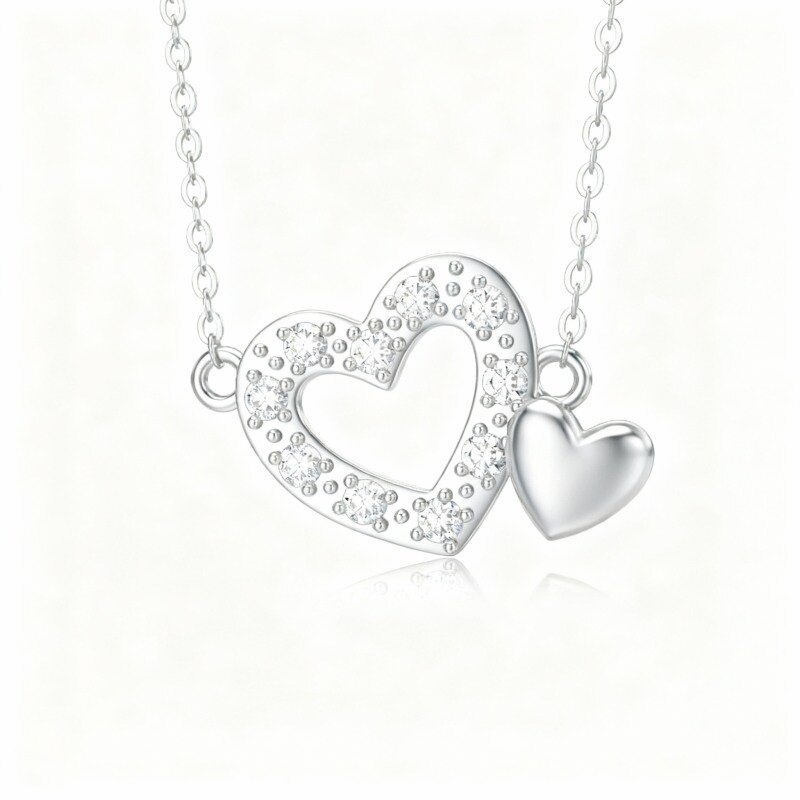 Collar con colgante de corazón de circonita cúbica de talla redonda en platino con baño de oro blanco-1