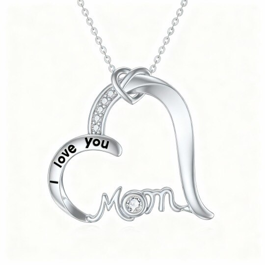10K White Gold Round Cut Cubic Zirconia Heart Pendant Necklace with Engraved Word