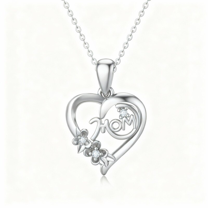 Collar con colgante de corazón de circonita cúbica de talla redonda en oro blanco de 18 quilates con palabra grabada-1