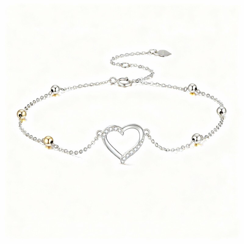 Bracelet de cheville simple couche en or blanc 18 carats avec pendentif cœur en zircon cubique taille ronde-1