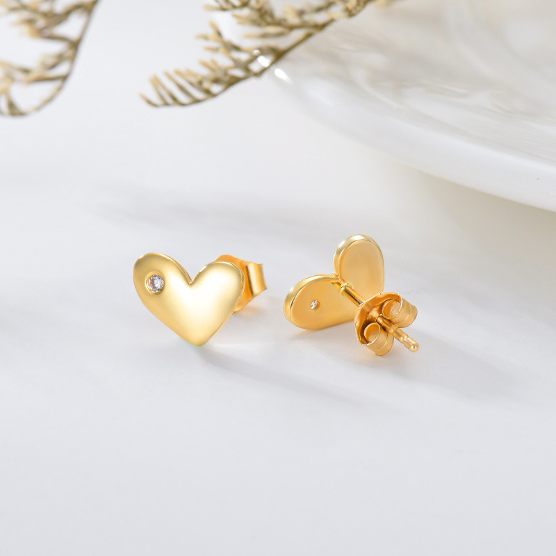 Pendientes de botón con forma de corazón y circonitas cúbicas de corte redondo en oro rosa de 10 quilates-4