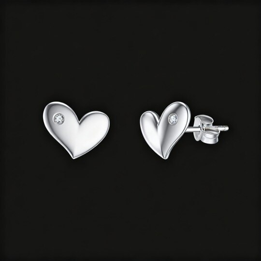 Pendientes de botón con forma de corazón y circonitas cúbicas de corte redondo en oro blanco de 10 quilates
