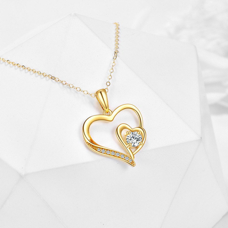 Collier pendentif cœur en or 14 carats avec zircon cubique rond-4