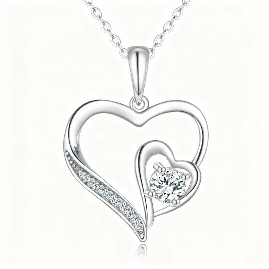 Collier pendentif cœur en or blanc 10 carats avec zircon cubique taille ronde