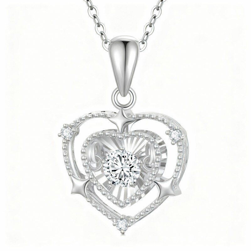 Collar con colgante de corazón con circonita cúbica de corte redondo en oro blanco de 14 quilates-1