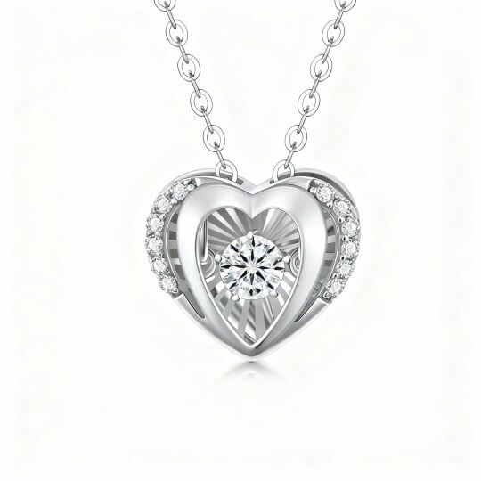 Collier pendentif cœur en or blanc 10 carats avec zircon cubique taille ronde