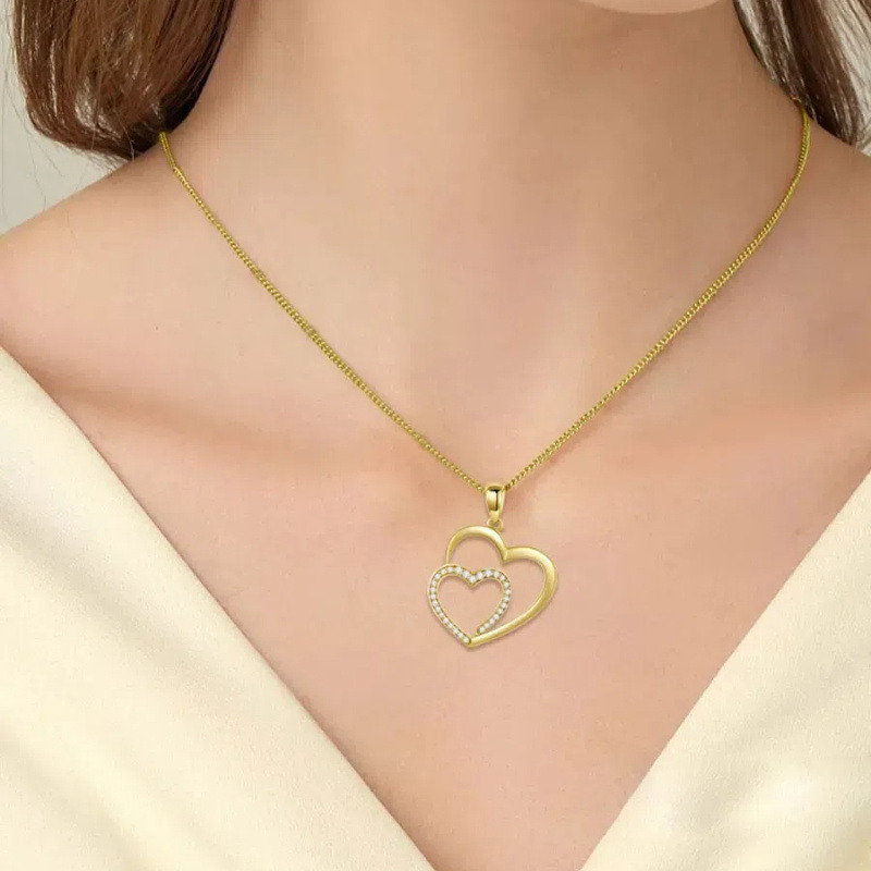 18K Yellow Gold Circular Cubic Zirconia Interlocking Hearts Pendant Necklace For Women-2