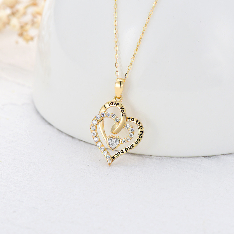 Collar con colgante de corazón con circonita cúbica de talla redonda en oro blanco de 10 quilates con palabra grabada-3